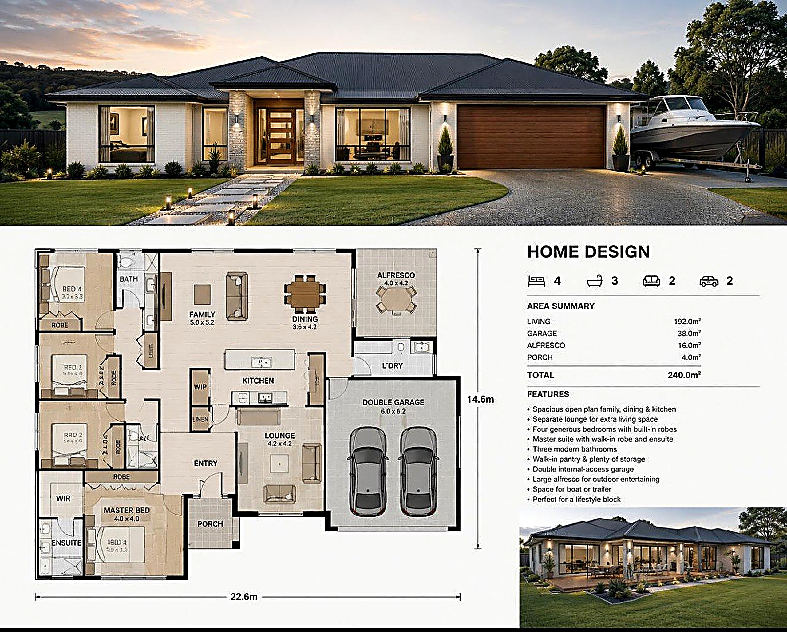 Modern four-bedroom single-level home design with floor plan
